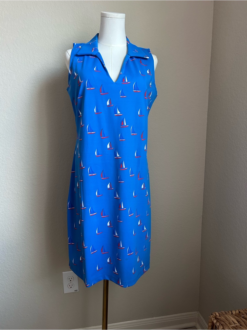 Katherine Way Bright Blue Sailboat Print Sleeveless Dress